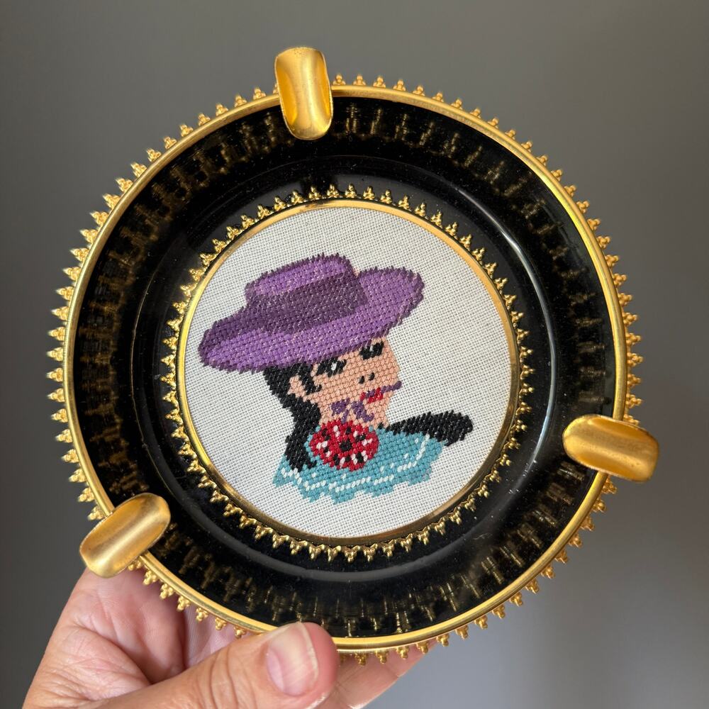 Vintage 1970s Needlepoint Ashtray Lady Portrait Purple Hat Black Gold